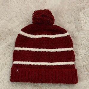 Cozy  dark Red Stripe Pom Beanie